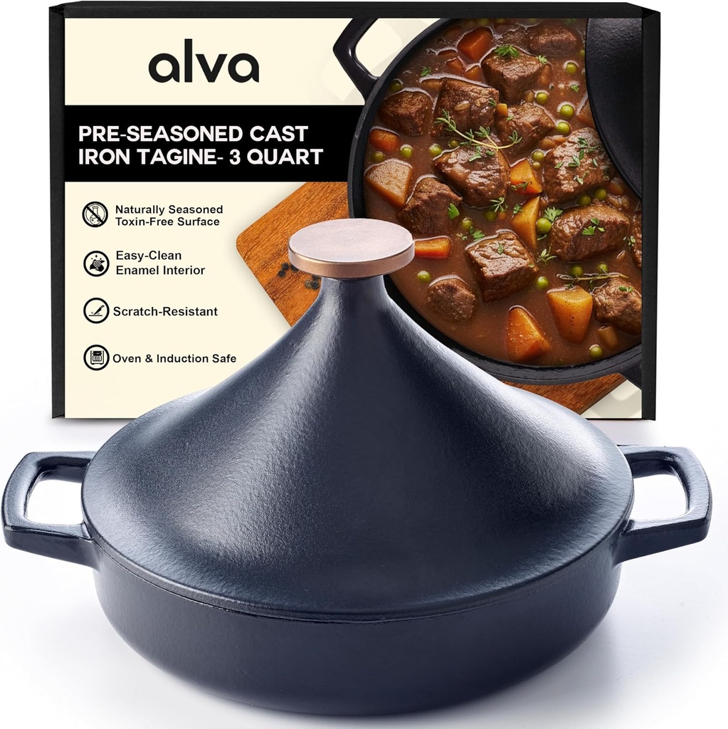 Alva Nori 3-Qt Enameled Cast Iron Tagine – Made With No PTFE, PFOA, PFAS, Oven & Induction Safe – 3-Layer Enamel, No Seasoning Needed – Moroccan-Style Dutch Oven for Braising, Stewing & Roasting, Black