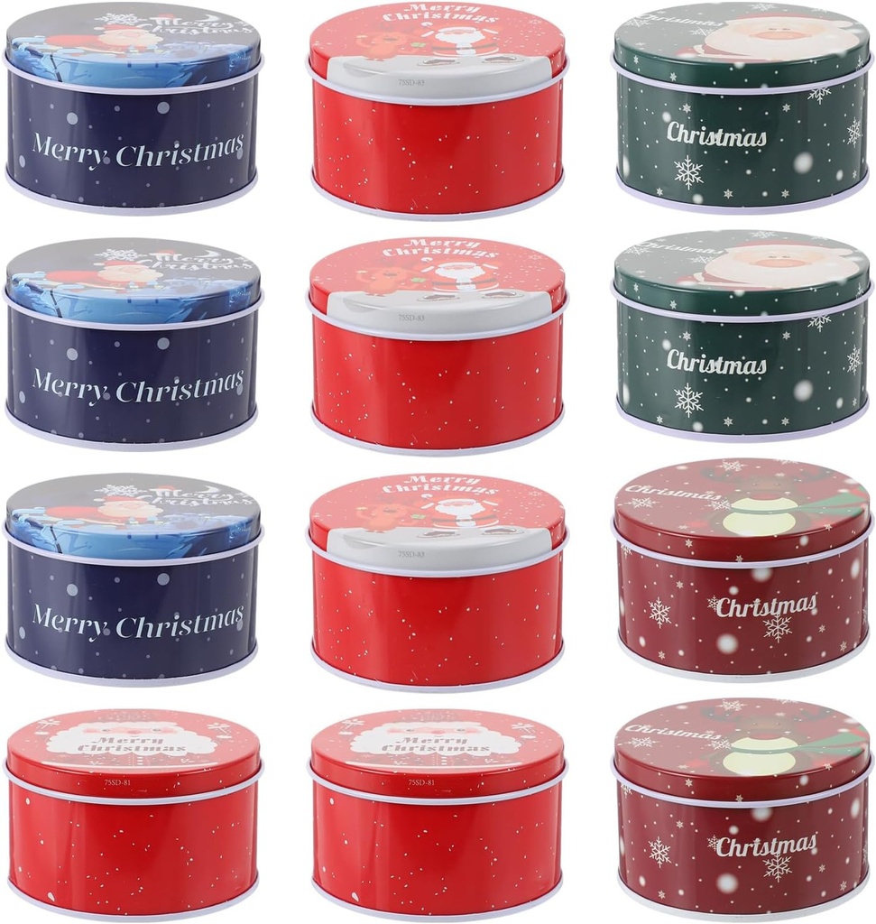 Angoily 12PCS Christmas Cookie Tins with Lids for Giving, Christmas Holiday Printed Round Metal Tins with Lids for Cookies, Candy, Food Presents for Xmas Holiday Party Supplies (Mixed Color)