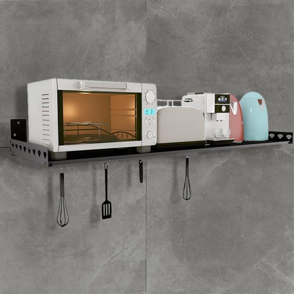 DYRABREST Wall-Mounted Microwave Oven Rack, 110 Lbs Heavy Duty Stainless Steel Shelf with 4 Hooks, 2 Mounting Methods for Kitchen, Space Saving Organizer for Microwave, Spices & Cookware