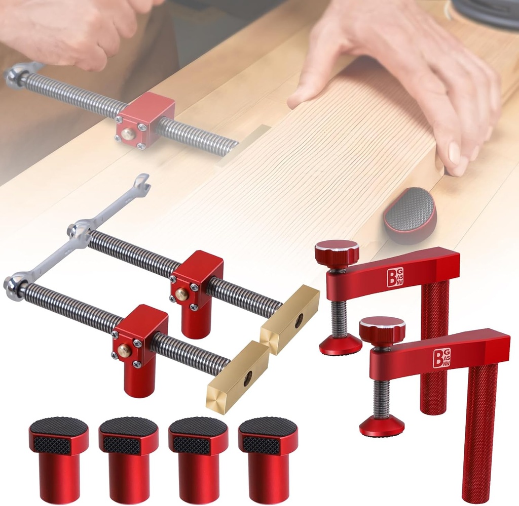 Bench Dogs Clamp Set, Woodworking Clamps with 4 Bench Dogs for 3/4 Inch (19mm) Workbench Dog Hole, Adjustable Dog Hole Clamp with 2 Ratchet Wrenches, Workbench Accessories for Woodworking Clamp