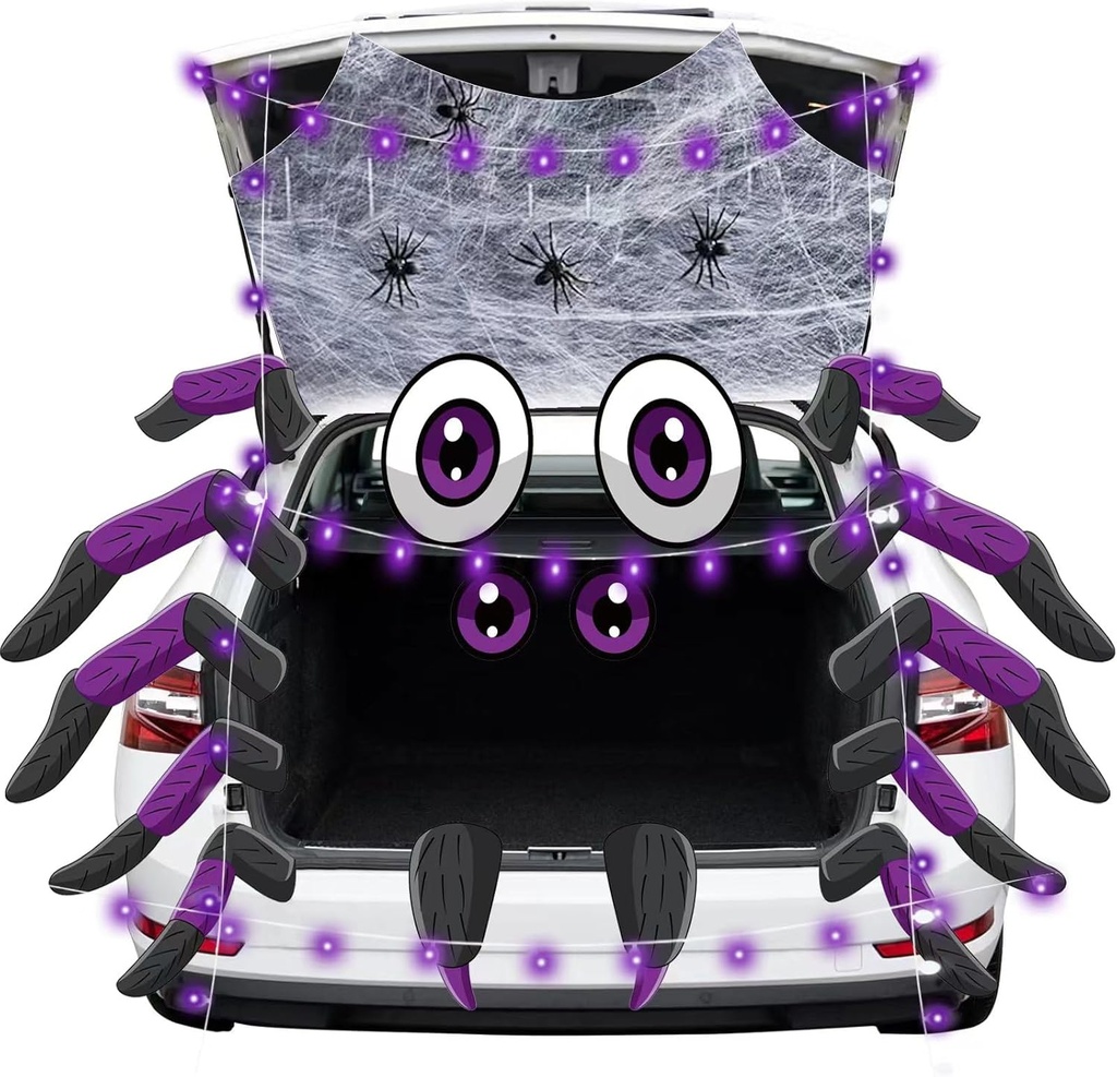 Halloween Trunk Or Treat Car Decorations Kit, 19Pcs Spider Design Stickers with Spider Web and LED Lights, Trunk or Treat Decorations for SUV Garage Door Entryway Archway Party Supplies