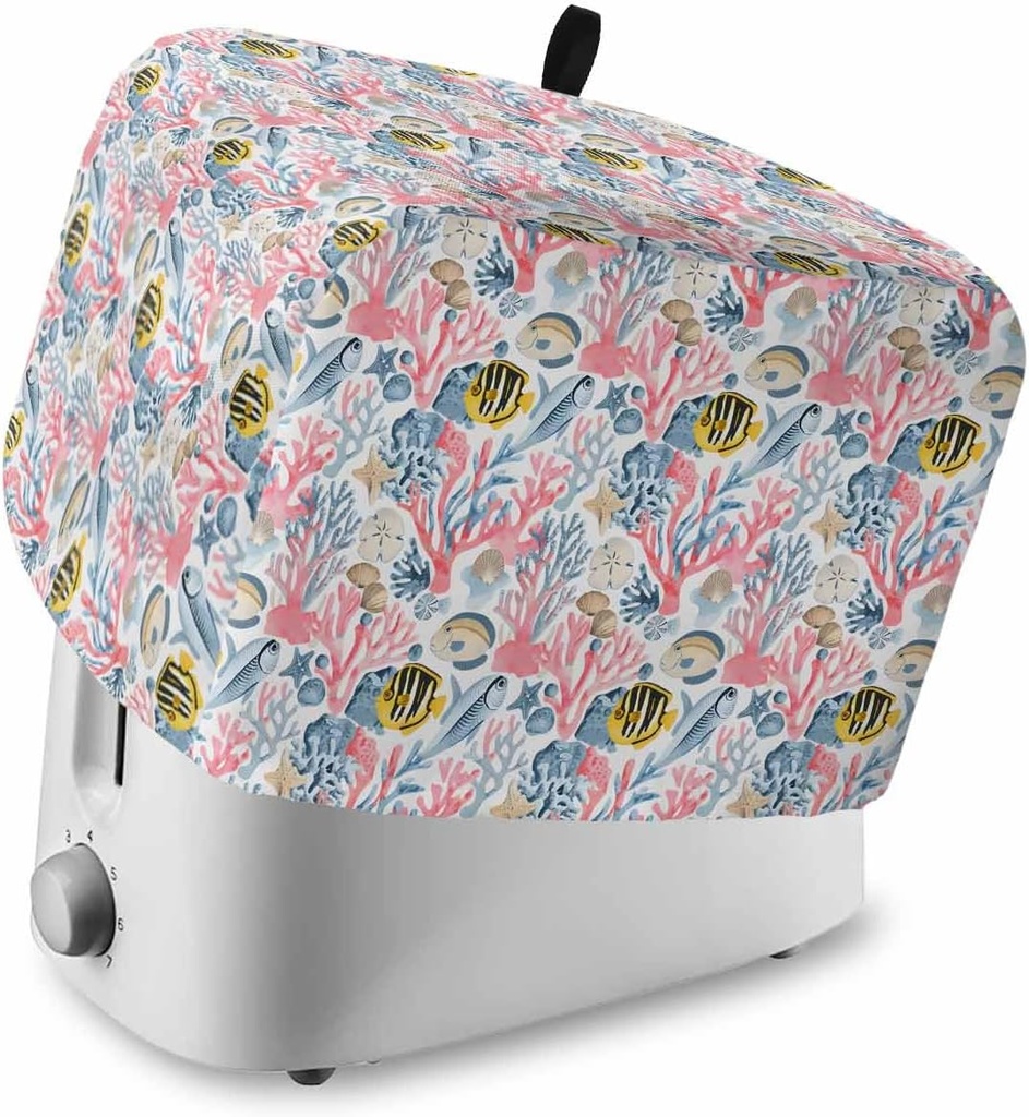 Pink Blue Coral Toaster Cover 2 Slice, Coastal Summer Beach Fish Ocean Dustproof Bread Machine Oven Cover with Storage Pockets, Fits Most Kitchen Toasters Protector