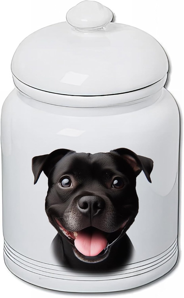 Best of Breed Staffordshire Bull Terrier Black Dog and Cat Ceramic Treat Jar 9" Tall Air Tight Seal All White