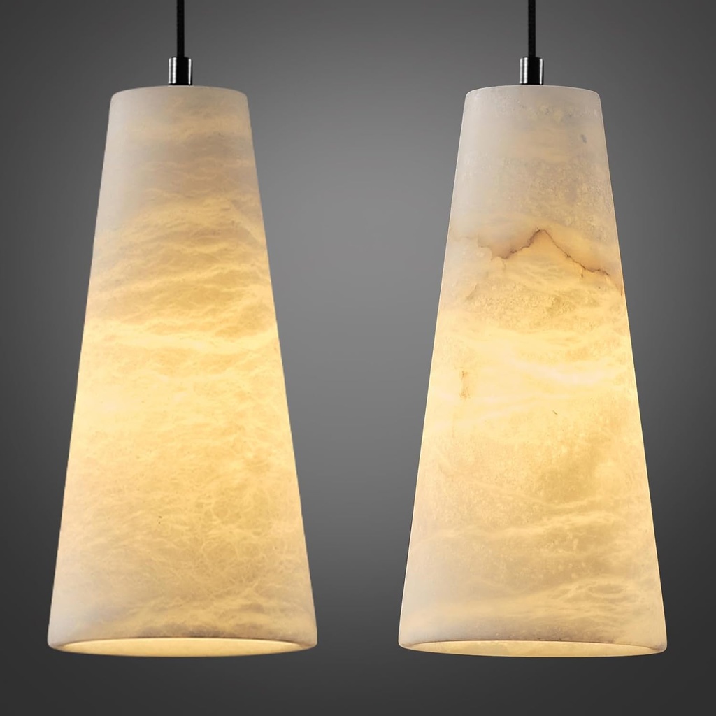 Alabaster Pendant Lights Kitchen Island 2 Pack, H-10in White Pendant Light Fixtures, Marble Conical Shade Black, Light Pendant for Bedroom Bathroom Dining Room Living Room (Dimmable Bulbs INCL)