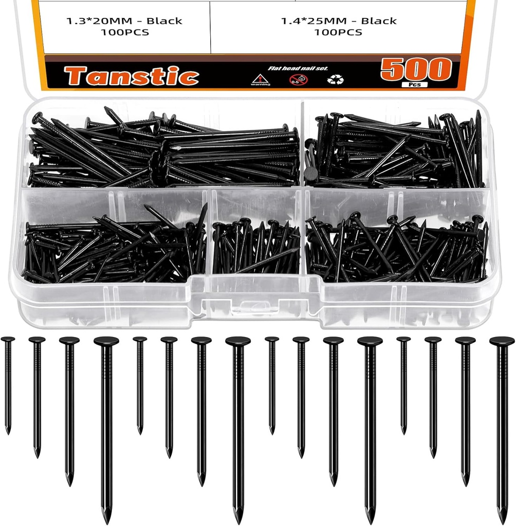 Tanstic 500Pcs 4 Sizes Hardware Nails Assortment Kit Finishing Nails Nails for Hanging Pictures Small Nails Wall Nails for Picture Hanging Woodworking(Black)