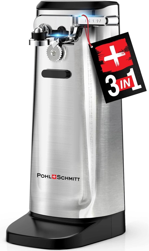 POHL SCHMITT Electric Can Opener, Knife Sharpener & Bottle Opener, Easy Push Down Lever, Works with Standard And Pop-Top Cans, Durable Stainless Steel & ABS - Kitchen Essentials and Accessories