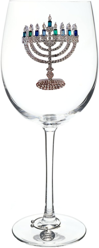 THE QUEENS' JEWELS Hanukkah Menorah Jeweled Stemmed Wine Glass, 21 oz. - Unique Gift for Women, Birthday, Cute, Fun, Not Painted, Decorated, Bling, Bedazzled, Rhinestone