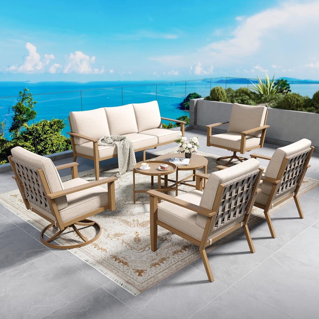 Patio Conversation Set,7 Pcs Metal Outdoor Furniture with 3-Seater Sofa,2 Swivel Chairs,2 Single Chairs,Metal Nested Table and 5.75" Extra Thick Cushion for Lawn Garden Backyard,Beige