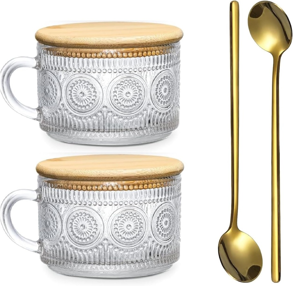 ADPON Vintage Coffee Mugs, Overnight Oats Containers with Bamboo Lids and Spoons - 14oz Clear Embossed Glass Cups, Bar Accessories, Iced Coffee Glasses, Ideal for Cappuccino Latte (2 Pack Sunflower)