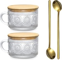 ADPON Vintage Coffee Mugs, Overnight Oats Containers with Bamboo Lids and Spoons - 14oz Clear Embossed Glass Cups, Bar Accessories, Iced Coffee Glasses, Ideal for Cappuccino Latte (2 Pack Sunflower)