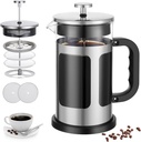 French Press Coffee Maker -（21oz） 304 Stainless Steel with 4 Filters System, Heat Resistant Thickness Borosilicate French Press Glass, BPA-Free Brewed Tea Pot Coffee Plunger（Silvery）