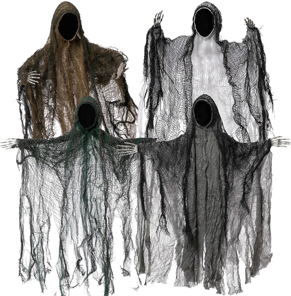 JOYIN 4 Pack 19'' Halloween Hanging Ghost Decoration Outdoor, Faceless Grim Reaper Set with Posable Arms in Dark Horror Robe for Halloween Tree, Yard, Patio, Haunted House, Party Decorations