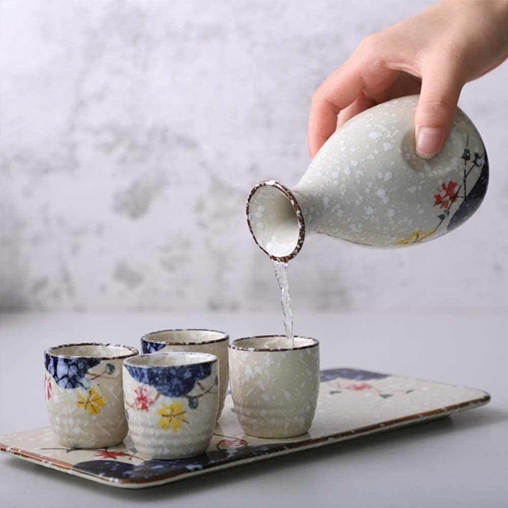 5-Piece Sake Set Quaint Snowflake Glaze Ceramic 11oz Wine Glass Set Unique Elegant Flowers Design for Cold/Warm/Shochu/Tea Best Gift for Family and Friends