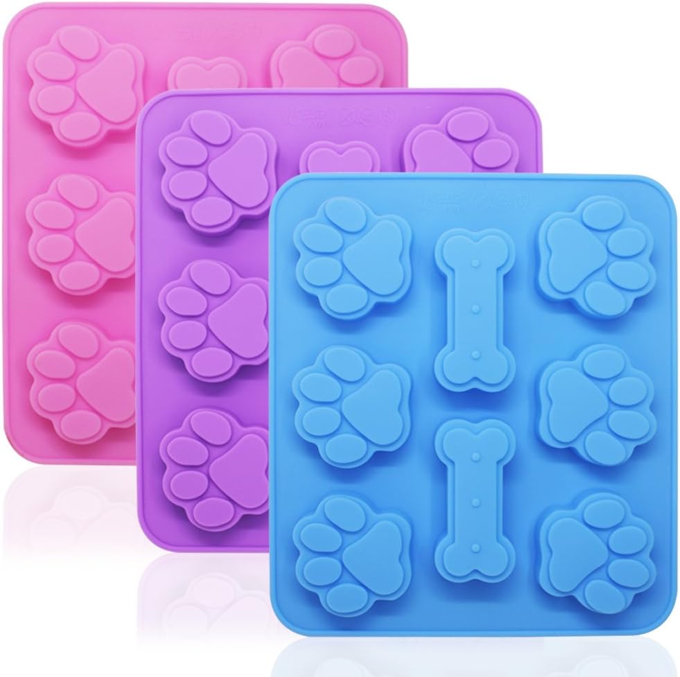 3 Pcs Silicone Molds Puppy Dog Paw & Bone Shaped 2 in 1, 8-Cavity, FineGood Reusable Ice Candy Trays Chocolate Cookies Baking Pans, Oven Microwave Freezer Dishwasher Safe-Pink, Blue, Purple
