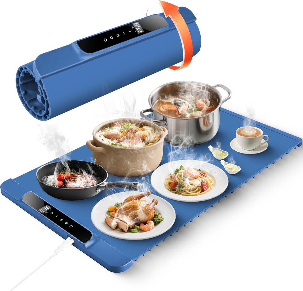 Chafing Dishes Food Warming Mat Electric Silicone Heating Pad with Adjustable Temperature Control Portable Heat-Resistant Mat for Dining Tables Parties Buffets (Blue)