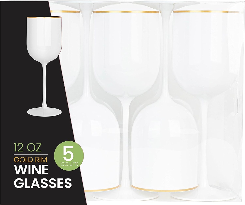 PLASTICPRO White Wine Cup with Gold rim Plastic Wine Glasses Set of 5 Elegant Wine Goblets Hard Plastic Wine Cups on Stem 12 Ounce