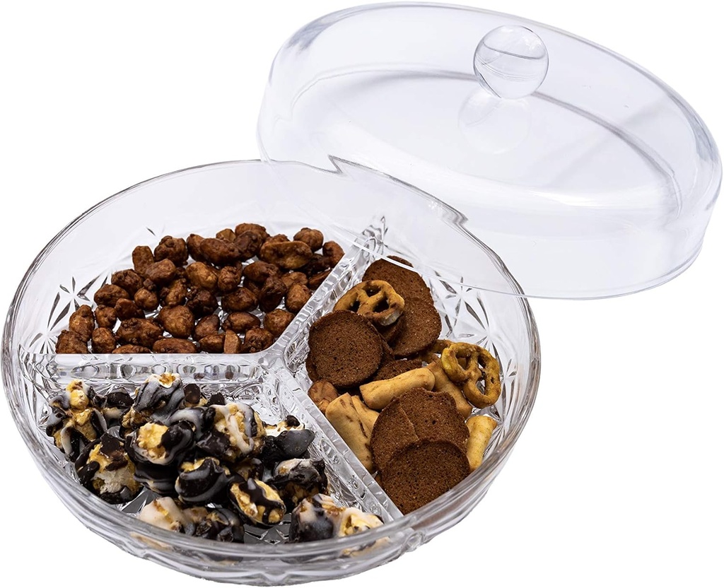 Huang Acrylic 3-Section Divided Serving Dishes with Lid | Round Snack and Condiment Tray With Cover | Multifunctional Party Snack Tray for Nuts, Candies, Fruit, and Veggies