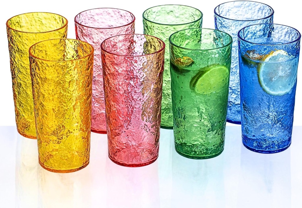 18oz Colorful Acrylic Glasses Drinkware (Set of 8), Ice-carved Design Stackable Shatter-Proof Plastic Cups, Reusable Plastic Drinking Tumblers, BPA-Free, Dishwasher-Safe