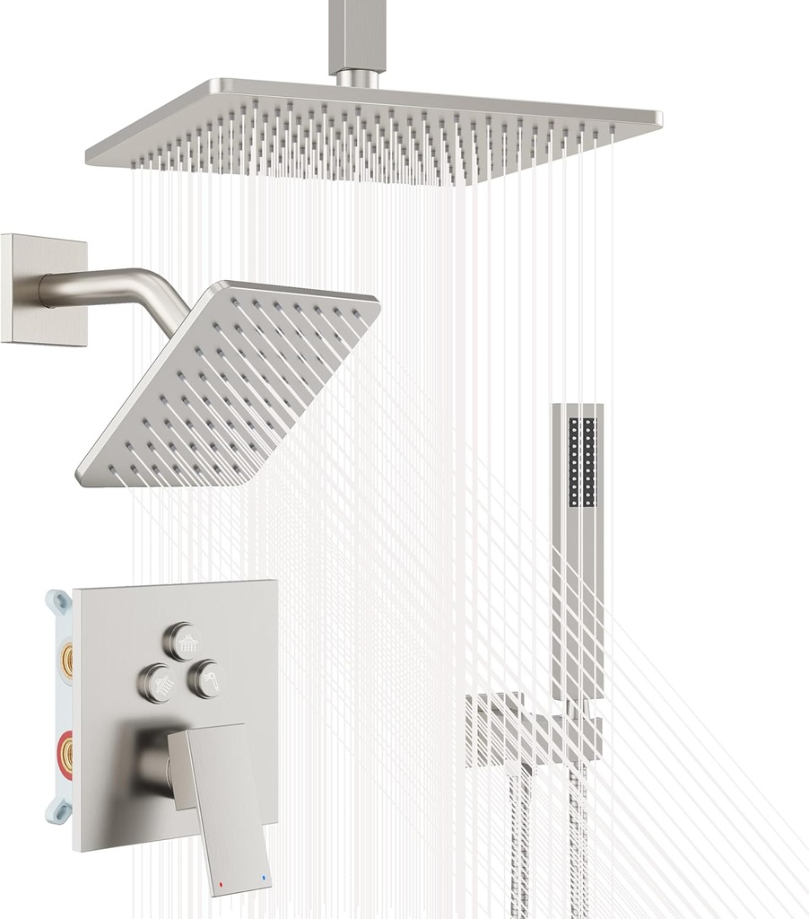 Nickel Shower System, Brushed Nickel Shower Faucet Set, 10'' Ceiling Shower Head, 6'' Wall Mounted Shower Head, 3 In 1 Push Button Shower Valve Kit, Waterfall ShowerHead with Handheld, Brushed Nickel