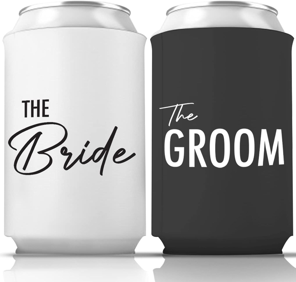 Bride and Groom Can Coolers Couples Collapsible Bottle and Can Sleeves Insulator Couples Can Cooler Set for Wedding, Engagement, Anniversary, Bridal Showers