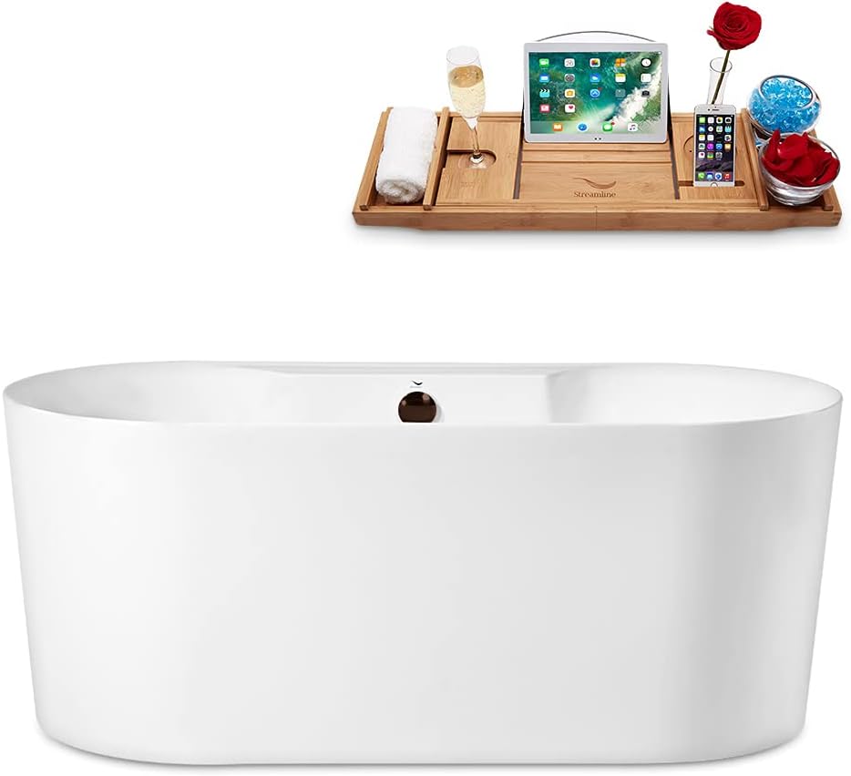 Streamline 59" Freestanding Soaking Bathtub – Glossy White Acrylic Tub with Matte Oil Rubbed Bronze Internal Drain and Bamboo Tray – Modern Oval Design – 61 Gallon Capacity