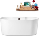 Streamline 59" Freestanding Soaking Bathtub – Glossy White Acrylic Tub with Matte Oil Rubbed Bronze Internal Drain and Bamboo Tray – Modern Oval Design – 61 Gallon Capacity