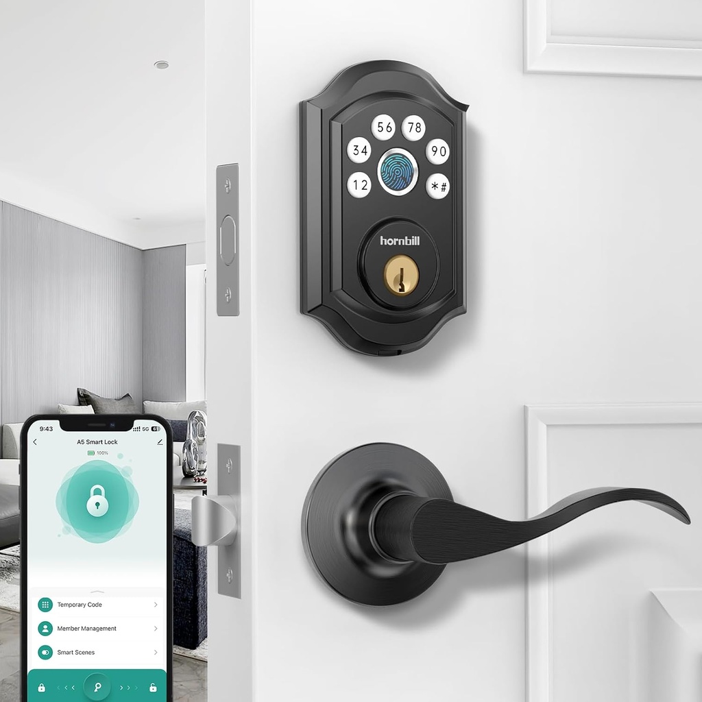 Smart Front Door Lock with Fingerprint: Hornbill Keyless Entry Door Lock with Handle Set Electronic Digital Deadbolt Keypad Lock Code App Alexa Auto for House Apartment Black