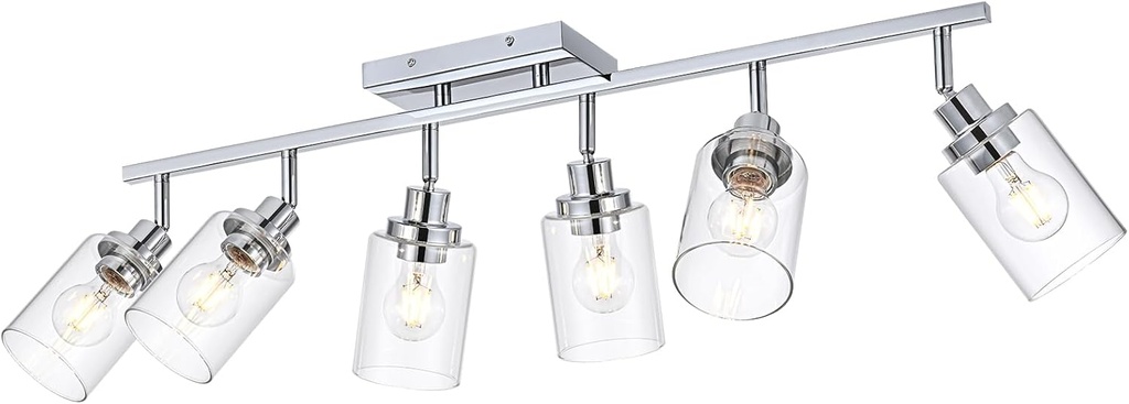 6-Light Track Lighting Kit Ceiling Kitchen Track Lighting Fixtures Chrome Bathroom Vanity Wall Lights with Clear Glass Multi-Directional Rotating Tracking Light Heads Spotlight for Accent Shop