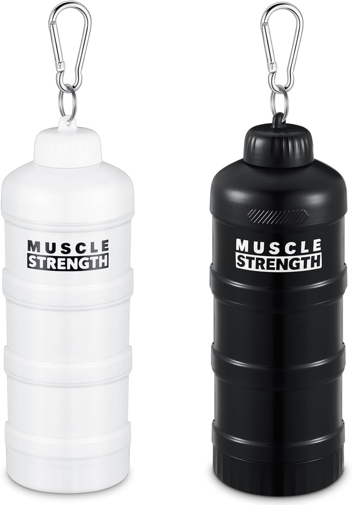 Baderke 2 Pcs Protein Powder Container with Funnels Stand, 3 Stackable Leakproof Protein Powder Dispenser, Portable Keychain Powders Container for Workout, Fitness, Travel(Black and White)