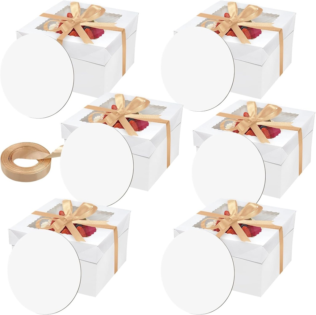 12PCS 12x12x8 In Tall Cake Boxes with Boards—(6 Boxes with window & 6 Borads & 70ft Silk Ribbon) Large Square Baking Boxes for Christmas,Birthday Party, Wedding, Valentine's Day