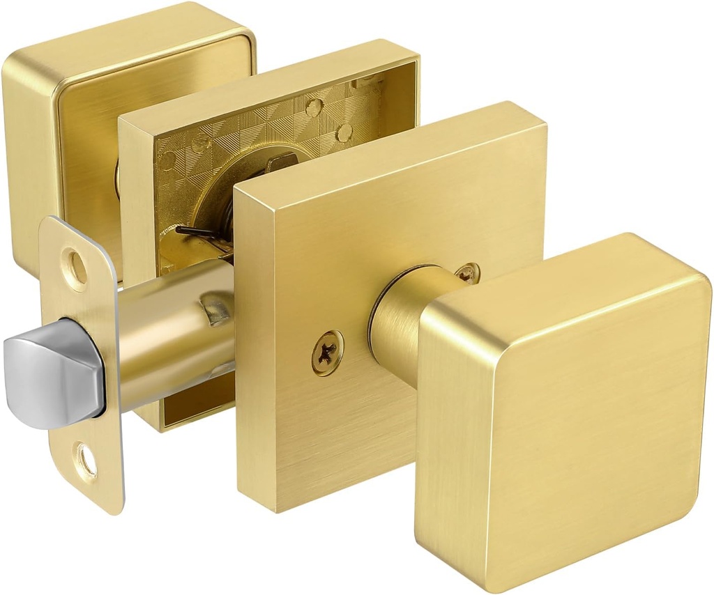 Gold Door Knobs Interior, Square Passage Interior Door Knob for Closet Hallway, Modern Heavy Duty Brushed Brass Door Handle, Satin Brass