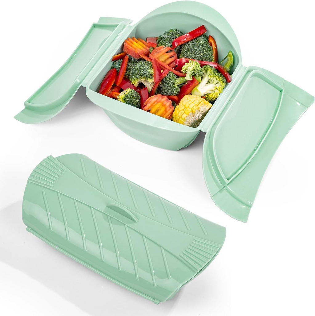 Microwave Steamer, 2Pack Silicone Food Steamer for Cooking, Vegetable Pot with Lids for Vegetables Fish Prep Meal Food, 1.5QT & 0.75QT Cookware, Microwave & Freezer Safe, Green