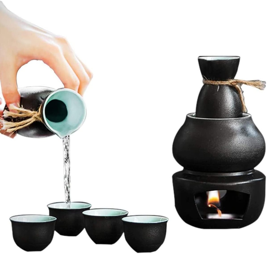 7-Piece Sake Set, Traditional Pottery Sake Set with Warm Pot, Including 1 Sake Pot, 4 Sake Cups, 1 Heating Furnace, 1 Thermal Pot, Quaint Texture Cups
