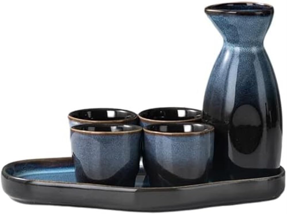 Vintage Sake Set,Japanese Traditional Ceramic Sake Serving Sets 6Pieces, Pottery Sake Bottle and 4 Cups,1Tray,Ideal for Sake (C)