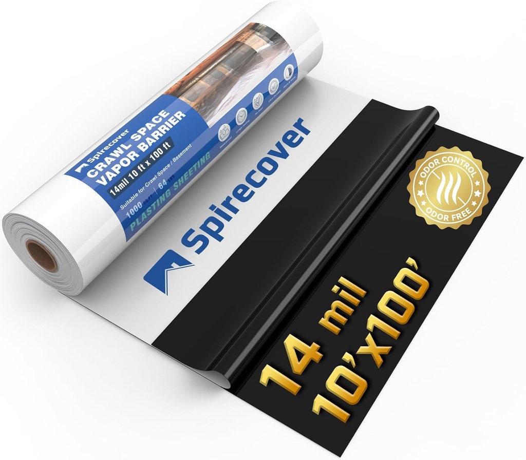 Crawl Space Vapor Barrier, 14 Mil Vapor Barrier, 10'x100', Plastic Drop Cloth for Crawl Space Encapsulation, Heavy Duty Polyethylene Film, Thick Plastic Sheeting, White and Black Film