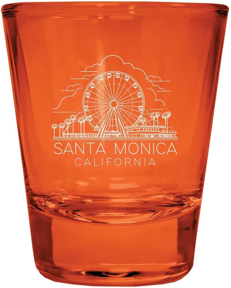 R and R Imports Santa Monica California Souvenir Engraved Full Color 2oz Shot Glass Orange 2-Pack