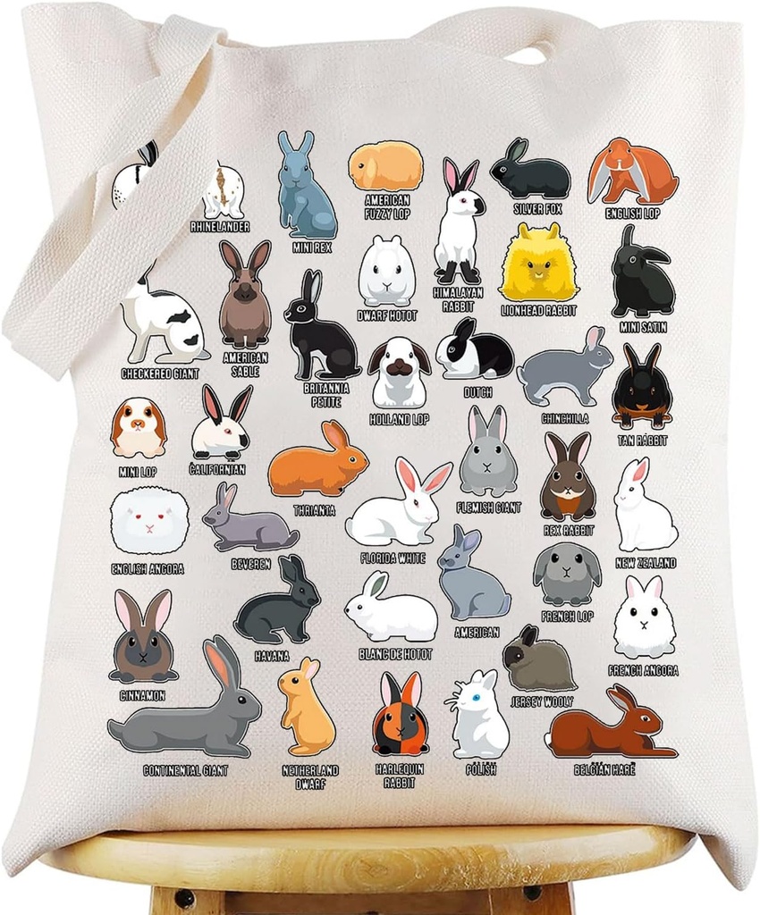 KEYCHIN Type Of Rabbits Tote Bag Bunny Lover Gifts Bunny Mom Reusable Grocery Bag Rabbit Love Gifts Bunnies Owner Merchandise