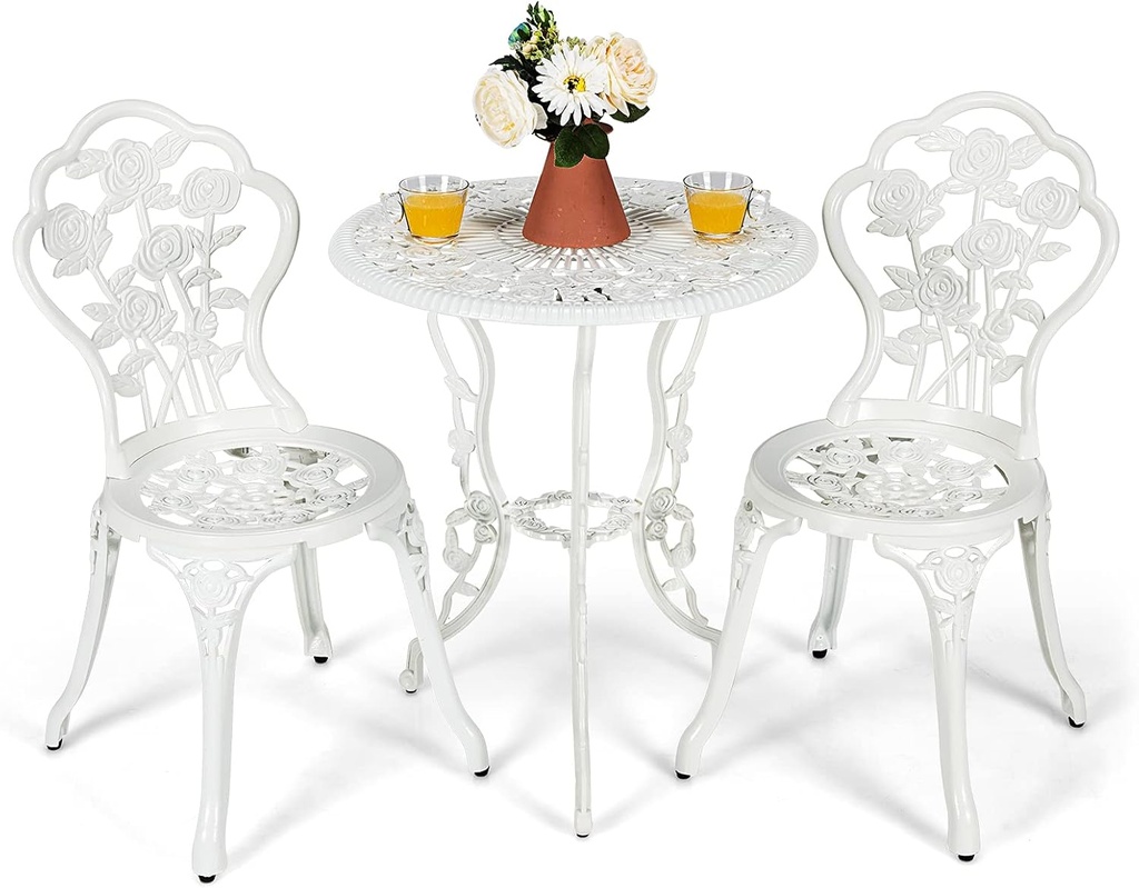 Giantex 3 Piece Bistro Set, Cast Aluminum Porch Furniture, Outdoor Patio Dining Table and Chairs with Umbrella Hole for Balcony Backyard Garden Poolside (White Rose Pattern)
