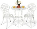Giantex 3 Piece Bistro Set, Cast Aluminum Porch Furniture, Outdoor Patio Dining Table and Chairs with Umbrella Hole for Balcony Backyard Garden Poolside (White Rose Pattern)