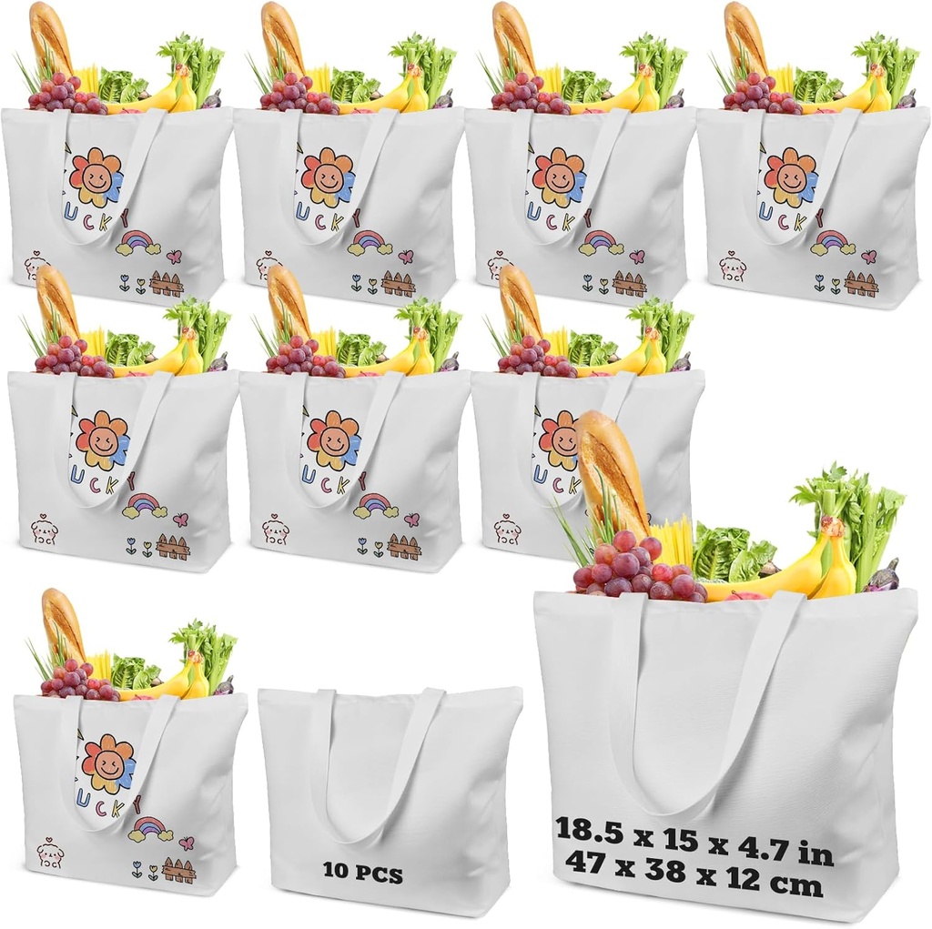 10 Pack Sublimation Tote Bags Bulk Blanks with Zipper,12oz 100% Polyester Canvas, Large Heavy-Duty Reusable Grocery Bags for DIY, Heat Transfer, Custom Branding,Corporate Gifts (18.5"x15"x4.7")