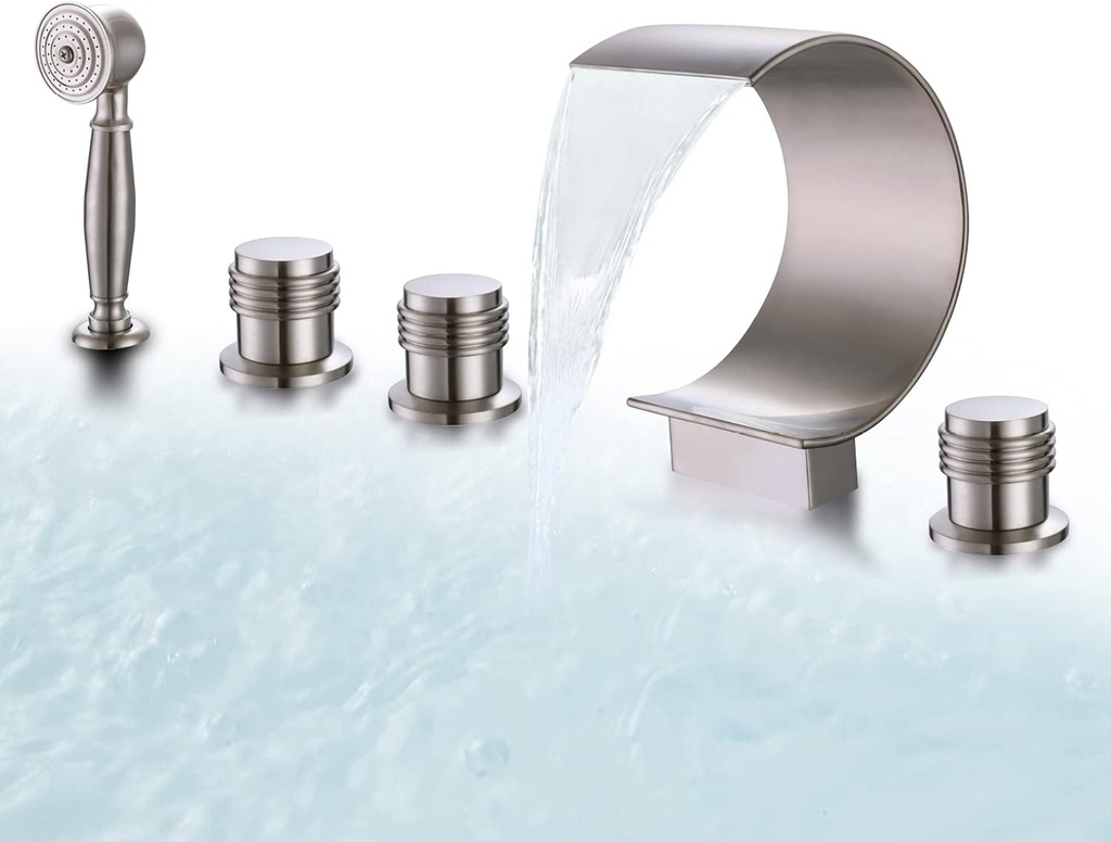 Waterfall Bathtub Faucet Set with Hand Shower Widespread Roman Tub Faucet Set 5 Hole Tub Filler Faucet Deck Mounted Roman Bathtub Faucet with Sprayer, Brushed Nickel