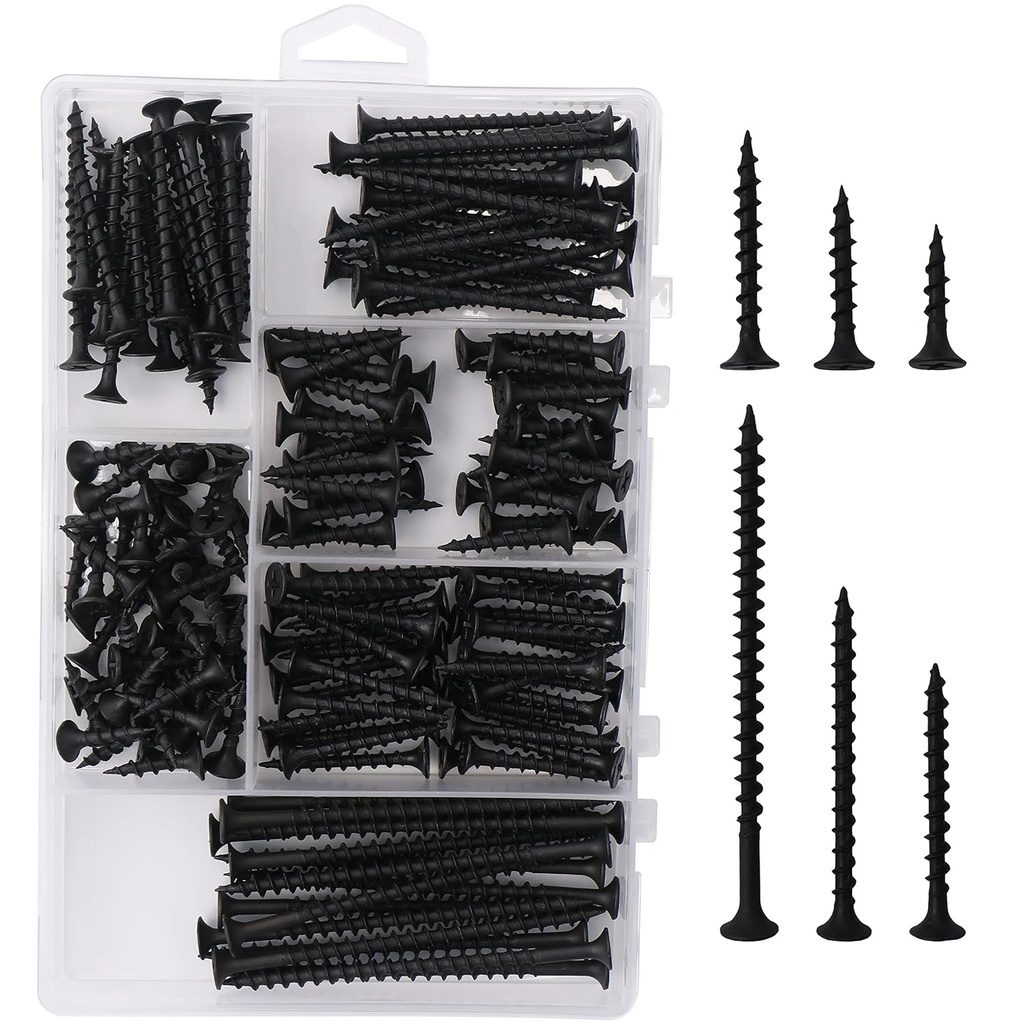 High Hardness Drywall Screws Assortment Kit, 166 pcs, Coarse Thread, Phillips Drive, Black Wood Screws, Screws Assortment, Screws Set, 6 Sizes (3”,2”,1-1/2”,1-1/4”,1”,3/4”)