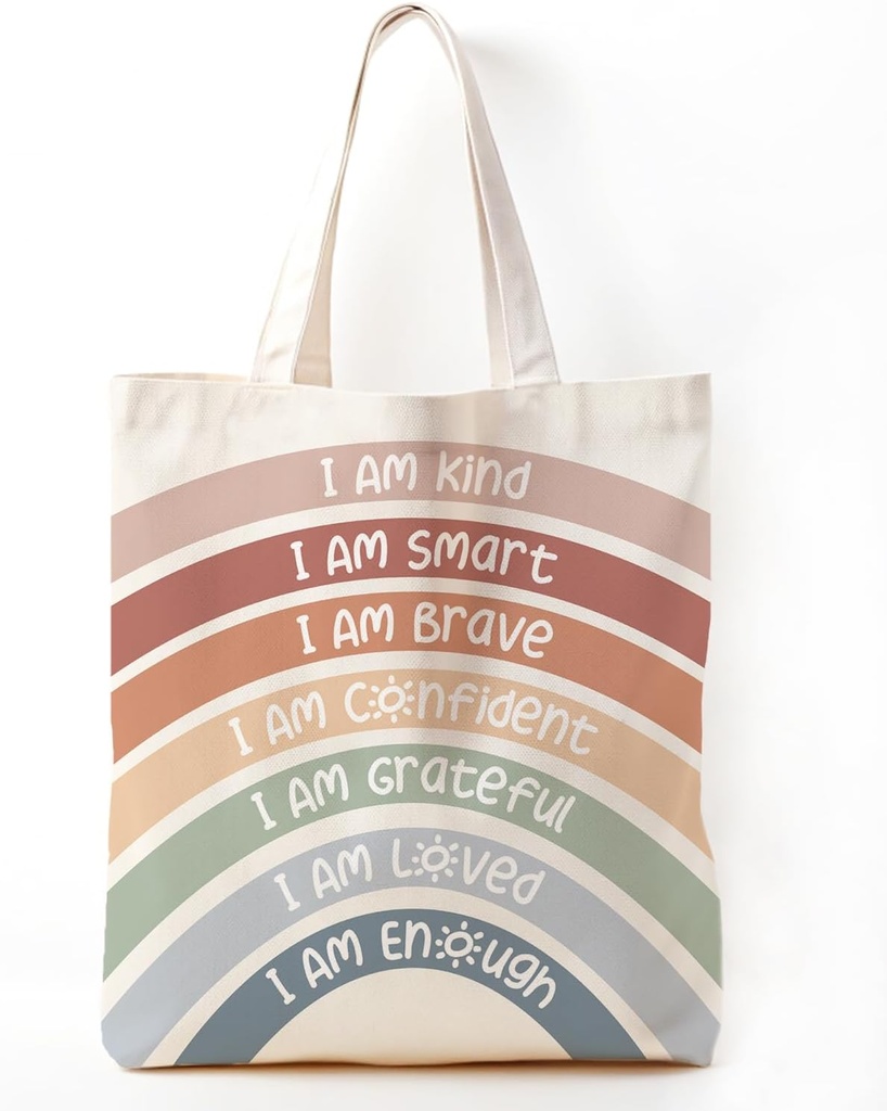 Cute Small Tote Bag for Women, Kids Tote Bags for Girls, Boho Neutral Rainbow Library Book Tote Bag Gift for Teen Girls, I Am Kind I Am Smart I Am Brave