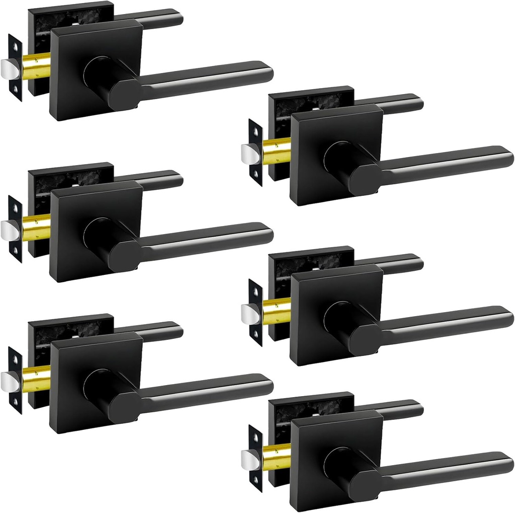 KAMOTA Passage Door Levers, 6 Pack Black Heavy-Duty Interior Door Handles, Square Non-Locking Door Locksets for Closets, Hallways and Conference Rooms, Left and Right Hand Reversible