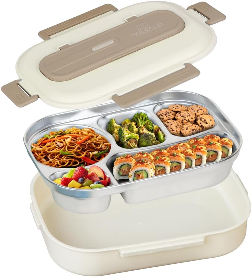 Stainless Steel 304 Bento Box – 5-Compartment Leak-Proof Lunch Box with Spoon & Chopsticks | Eco-Friendly & Reusable Food Container for Kids & Adults (Beige)