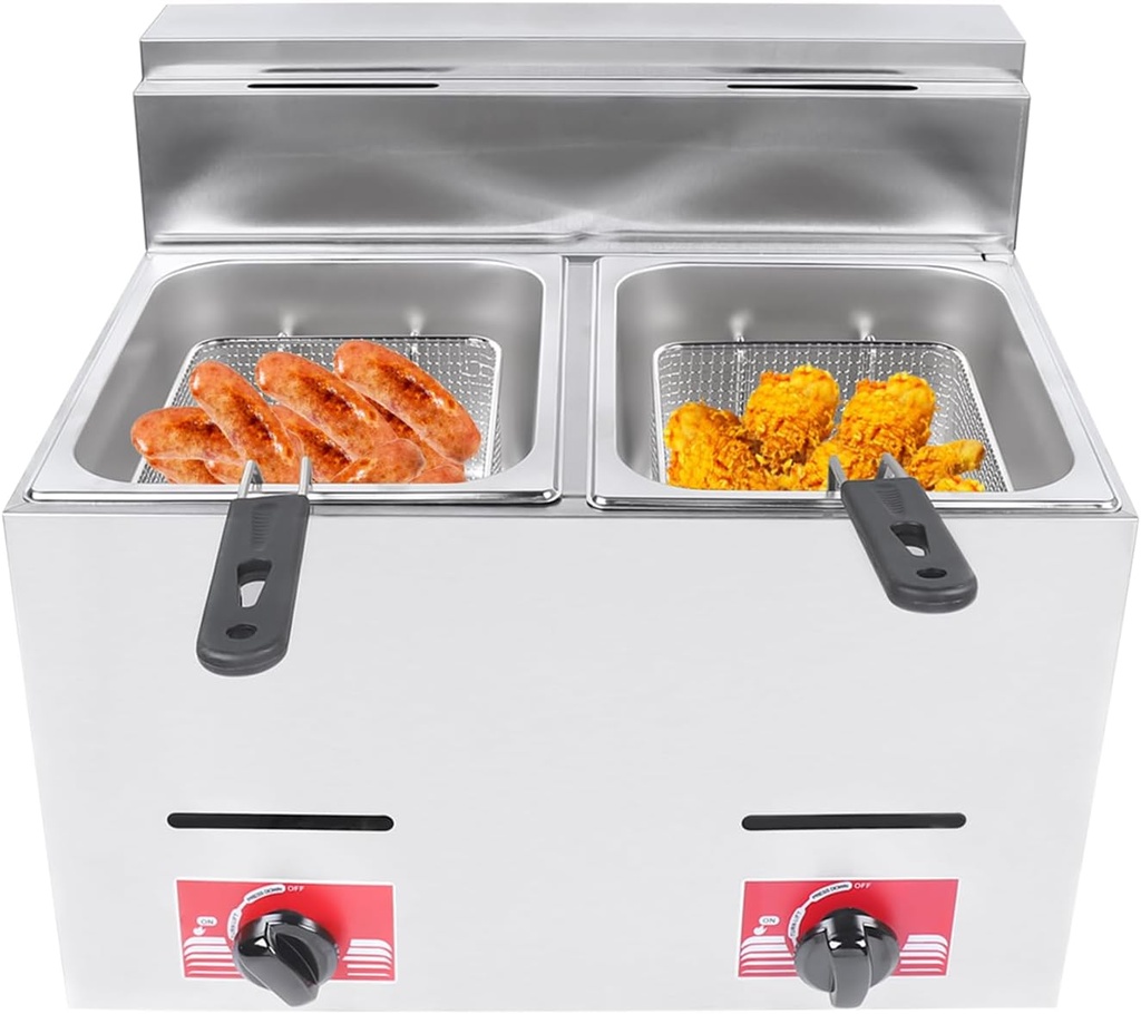 Commercial LPG Gas Deep Fryer,12L Countertop Stainless Steel Fryer Metal Tube Double Deep Fryer with 2 Frying Baskets and 2 Lids,for Cafeteria French Fries, Chicken, and More