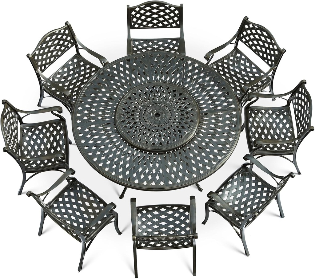 VIVIJASON 9-Piece Patio Dining Set, Rust-Free Cast Aluminum Outdoor Furniture Set, 8 Patio Dining Chairs and 61" Round Dining Table with 31" Lazy Susan, Umbrella Hole for Backyard, Patio, Garden