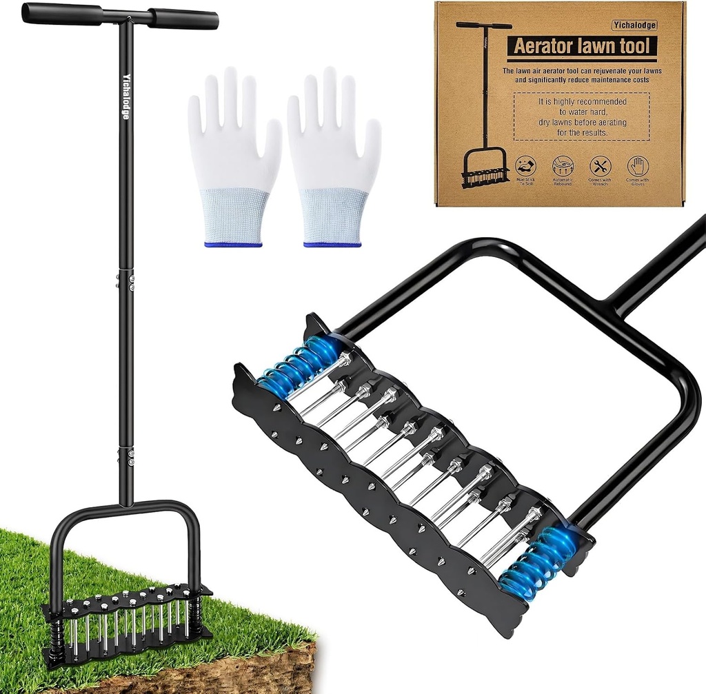 Manual Aerator Lawn Tool with Spring Base and 14 Steel Spike,Automatic Dirt and Leaf Clean,Grass Aerator for Loosening Soil in Yard, Gardan, Patio, Pre-Assembled Lawn Aerator Installation Kit