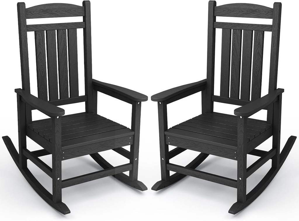 KINGYES Outdoor Rocking Chair Set of 2, High Density Polyethylene Patio Rocking Chairs with 330lbs Support for Adults, Black