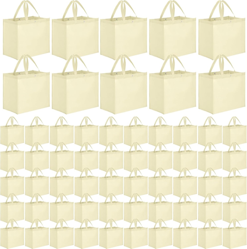 Zhehao 60 Pcs Reusable Grocery Shopping Bags Large Foldable Gift Tote Non Woven Fabric Bags with Handle and Plastic Button for Birthdays, Bridesmaids, Party Favors, 15 x 9.5 x 13 Inch(Beige)